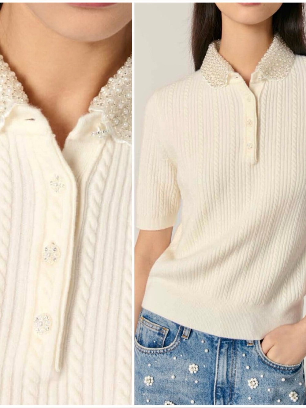 MAJE Embellished Pearl Beaded Peter Pan Collar Short Sleeve Sweater Top 0/XS - Picture 2 of 9